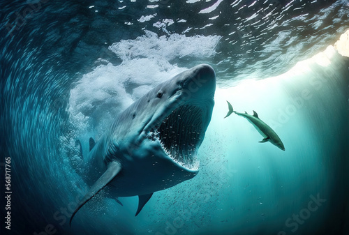 Shark catching fish underwater  hunting in the ocean. Generative AI
