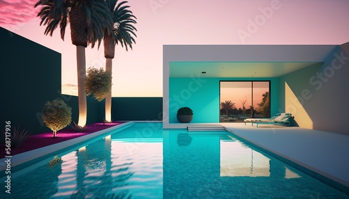 luxurious home, outdoor living concept with private oasis, modern minimalist architecture design, backyard swimming pool and palm trees, fictional architecture created with generative ai