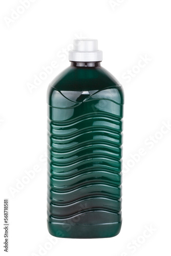 Green plastic detergent bottles isolated on white background