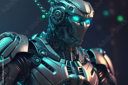 metallic AI robot. Postproducted generative AI digital illustration.
