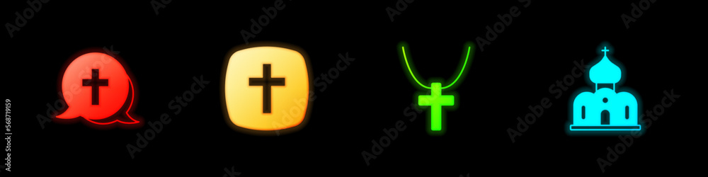 Obraz premium Set Christian cross, on chain and Church building icon. Vector