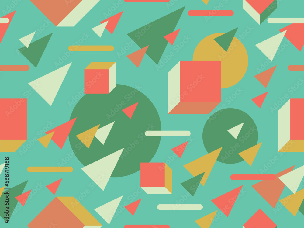 Memphis seamless pattern with 3d shapes in 80s style. Isometric geometric shapes in retro color palette. Background design for promotional products, wrapping paper and printing. Vector illustration Memphis seamless pattern with 3d shapes in 80s style. Isometric geometric shapes in retro color palette. Background design for promotional products, wrapping paper and printing. Vector illustration