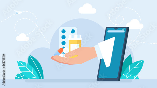 Ordering medicines online via smartphone. Online pharmacy, delivery drugs, prescription medicines order. Fast delivery. Hand with pills, prescription medicines, and antibiotics. Vector illustration