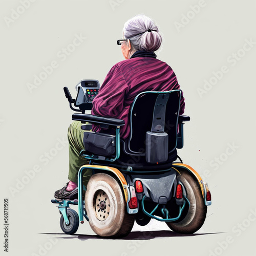 Senior Woman in an electric wheelchair. Generative AI.