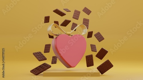 Valentine background design Heart Gift Box with chocolate fall ornament. 3D render