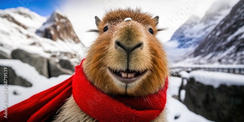 Capybara wearing red scarf on the snow mountain. Scenery. Generative AI © Gasi