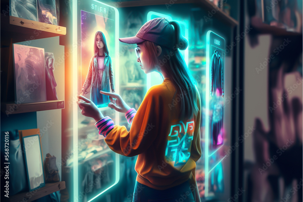 Futuristic retail technology concept. A young woman uses smart hologram display with virtual augmented reality in the retail for selecting products. generative ai. Futuristic retail technology concept. A young woman uses smart hologram display with virtual augmented reality in the retail for selecting products. generative ai.