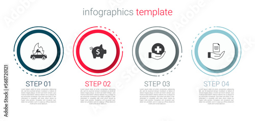 Set Burning car, Piggy bank, Life insurance and Contract hand. Business infographic template. Vector