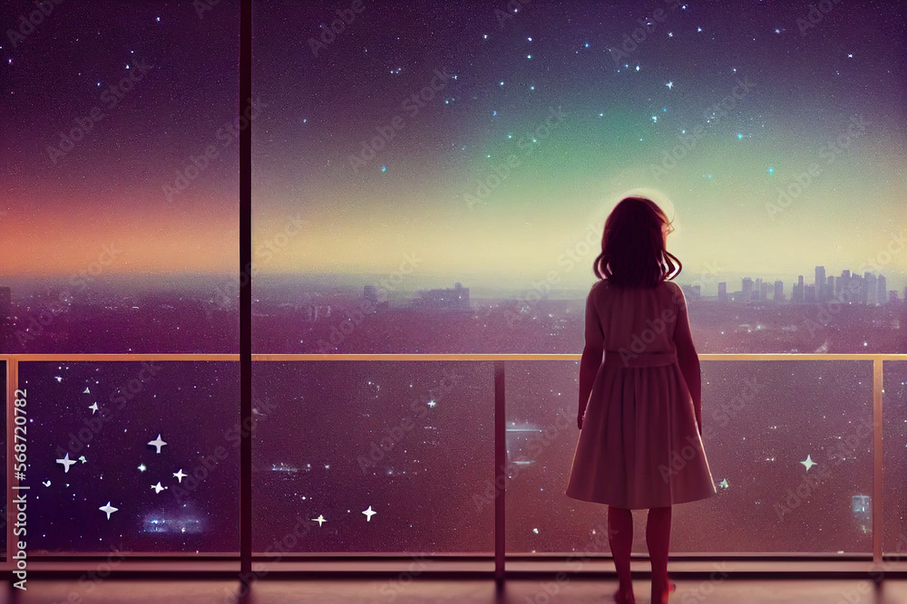 Illustration of a silhouette of a woman observing the city and the starry sky at night from her terrace. Feminism represented by the color violet. space for text Illustration of a silhouette of a woman observing the city and the starry sky at night from her terrace. Feminism represented by the color violet. space for text
