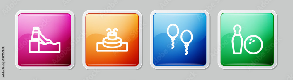 Set line Water slide, Fountain, Balloons and Bowling pin and ball. Colorful square button. Vector