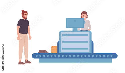 Traveler going through check in baggage in airport semi flat color vector characters. Editable full body people on white. Simple cartoon style illustration for web graphic design and animation