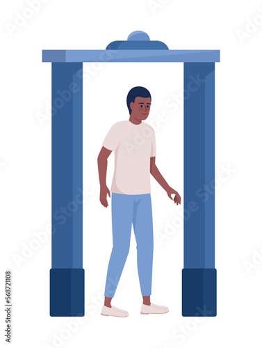 Boy walking through airport security checkpoint semi flat color vector character. Editable figure. Full body person on white. Simple cartoon style illustration for web graphic design and animation