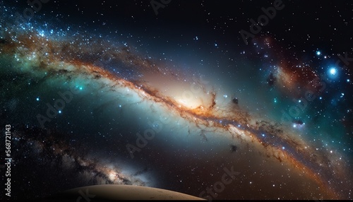 Milky Way galaxy in a cosmic panorama with stars and space dust. Generative Ai.