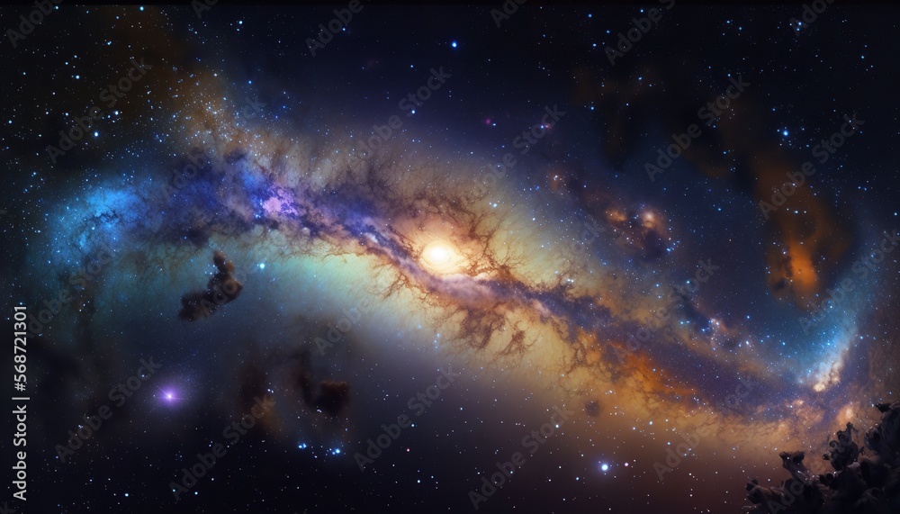 Milky Way galaxy in a cosmic panorama with stars and space dust. Generative Ai.