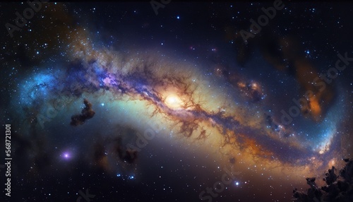 Milky Way galaxy in a cosmic panorama with stars and space dust. Generative Ai.