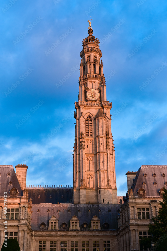 Town Hall and its Belfry in the dusk in Arras in France
