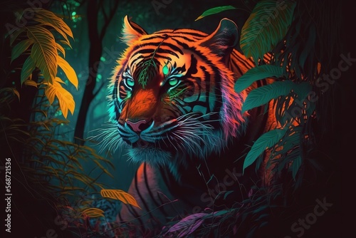 Neon tiger in the jungle. Generative Ai. © MinixT