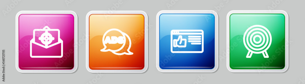 Set line Mail and e-mail, Advertising, Browser window and Target sport. Colorful square button. Vector Set line Mail and e-mail, Advertising, Browser window and Target sport. Colorful square button. Vector