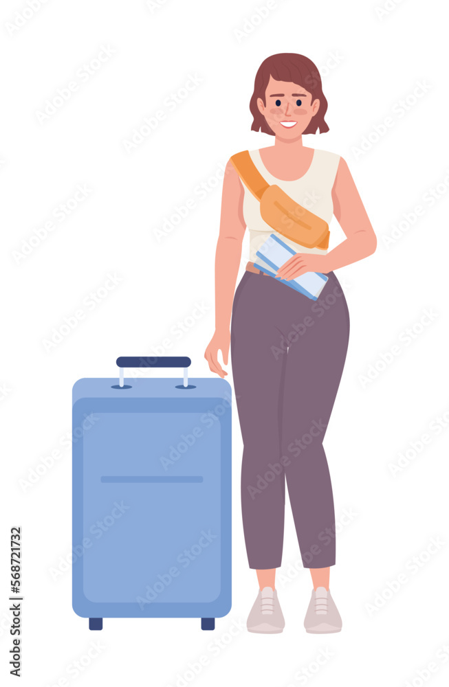 Smiling female passenger with tickets and suitcase semi flat color vector character. Editable figure. Full body person on white. Simple cartoon style illustration for web graphic design and animation Smiling female passenger with tickets and suitcase semi flat color vector character. Editable figure. Full body person on white. Simple cartoon style illustration for web graphic design and animation