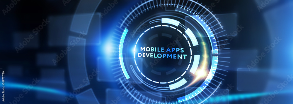 Inscription MOBILE APPS DEVELOPMENT on the virtual display. Cloud technology concept. 3d illustration Inscription MOBILE APPS DEVELOPMENT on the virtual display. Cloud technology concept. 3d illustration
