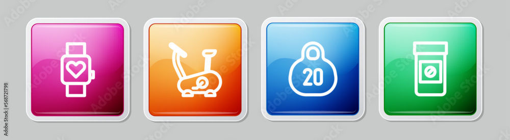 Set line Smart watch, Stationary bicycle, Kettlebell and Anabolic drugs. Colorful square button. Vector Set line Smart watch, Stationary bicycle, Kettlebell and Anabolic drugs. Colorful square button. Vector