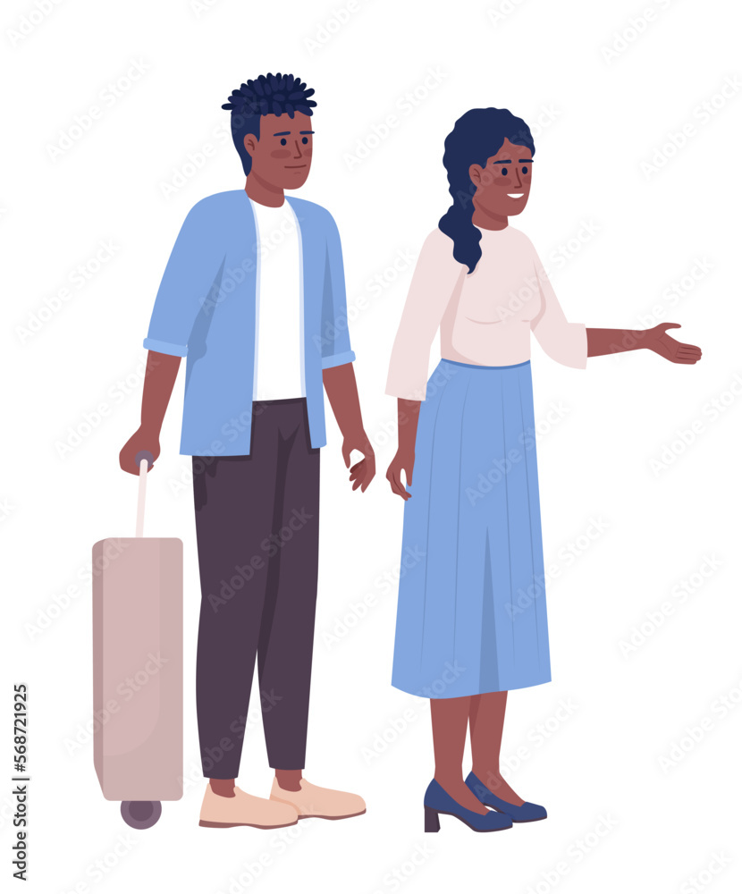 Couple going on vacation together semi flat color vector characters. Waiting to board. Editable full body people on white. Simple cartoon style illustration for web graphic design and animation Couple going on vacation together semi flat color vector characters. Waiting to board. Editable full body people on white. Simple cartoon style illustration for web graphic design and animation