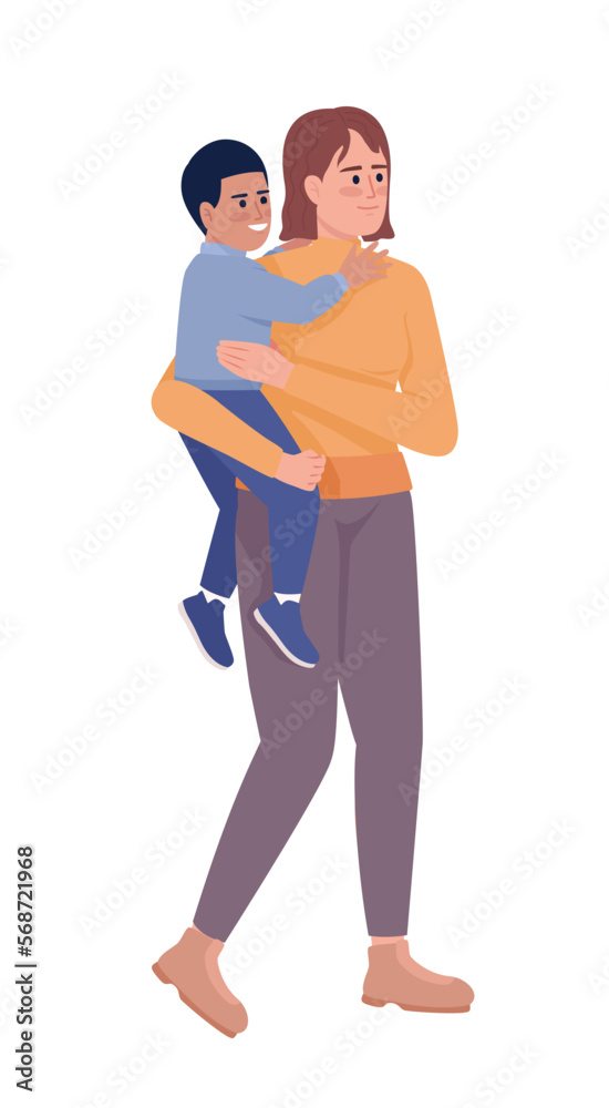 Smiling mother holding boy kid in arms semi flat color vector characters. Editable figures. Full body people on white. Simple cartoon style illustration for web graphic design and animation
