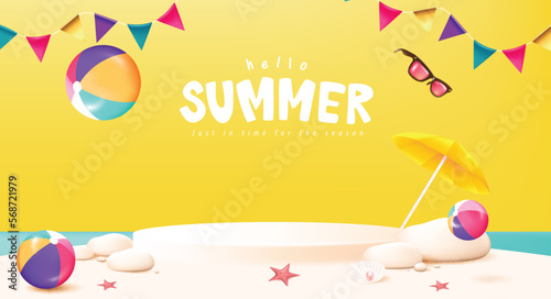 Summer travel poster banner display podium with sand and summer beach scene design