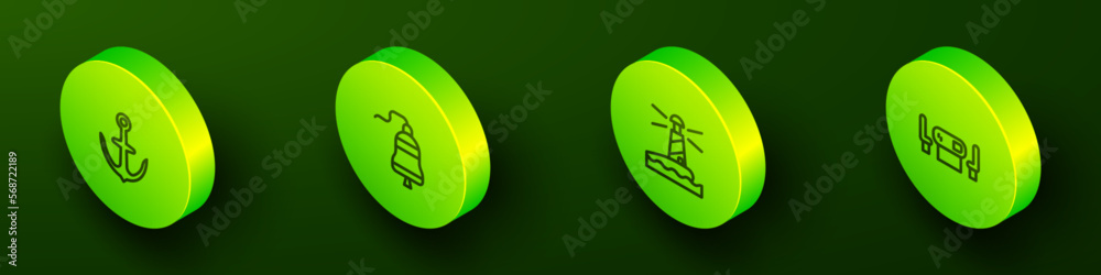 Set Isometric line Anchor, Ship bell, Lighthouse and Poker table icon. Vector Set Isometric line Anchor, Ship bell, Lighthouse and Poker table icon. Vector
