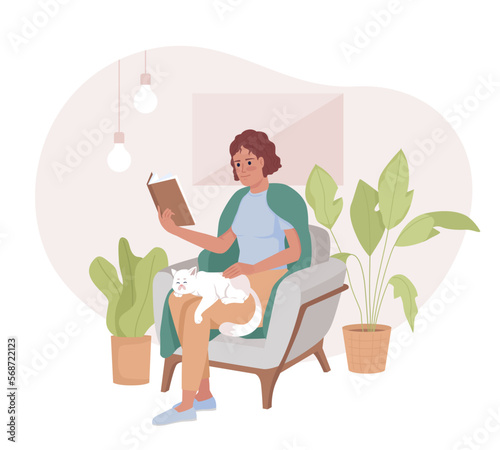 Spending weekend alone 2D vector isolated illustration. Covered in blanket woman reading and petting cat flat character on cartoon background. Colorful editable scene for mobile, website, presentation