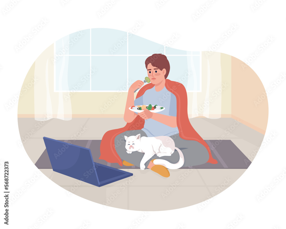 Fototapeta premium Binge watching tv series 2D vector isolated illustration. Boy eating salad with cat on lap flat character on cartoon background. Colorful editable scene for mobile, website, presentation