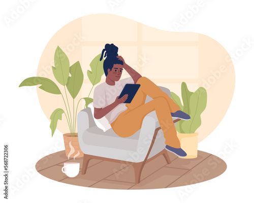 Enjoying e book on vacation 2D vector isolated illustration. Woman lying in armchair with tablet device flat character on cartoon background. Colorful editable scene for mobile, website, presentation