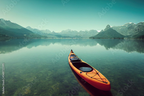 Kayak on the shore of beautiful blue lake reflecting surrounding mountains. feeling of peace and tranquility. space for text