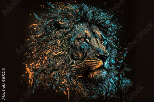 Lion manga style art portrait of a lion s head on dark background.
