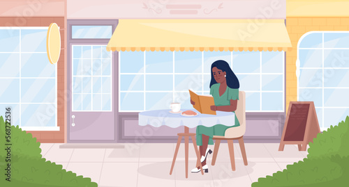 Enjoying book alone sitting on cafe terrace flat color vector illustration. Pretty woman with book and coffee. Fully editable 2D simple cartoon character with buildings exterior on background