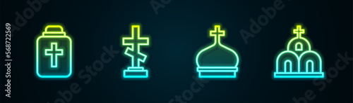 Set line Funeral urn, Grave with cross, Church tower and building. Glowing neon icon. Vector