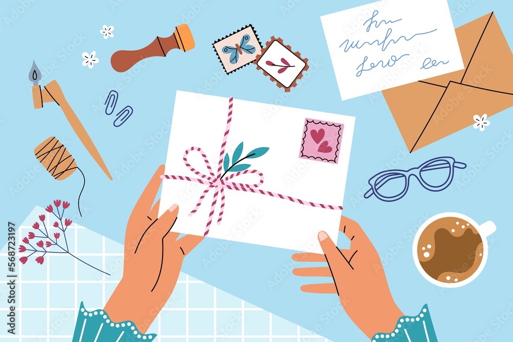 Obraz premium Woman hands holding envelope with letter. postage card with stempel, romantic paper greeting message, handmade postcard, vector illustration