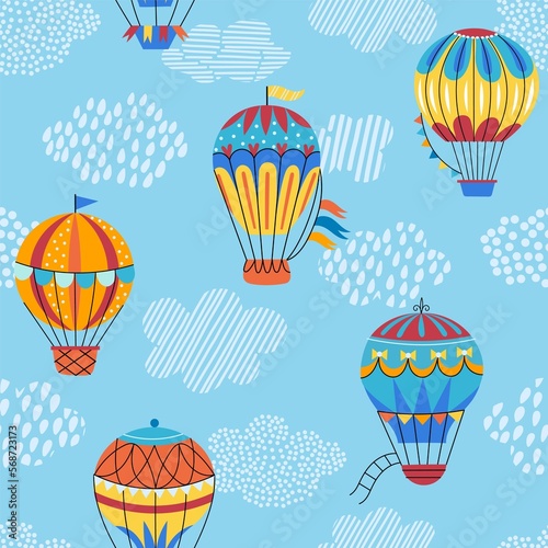 Vintage hot air balloons seamless pattern. Sky adventures, decorative airships, repeated flying balls with cute elements, vector backdrop