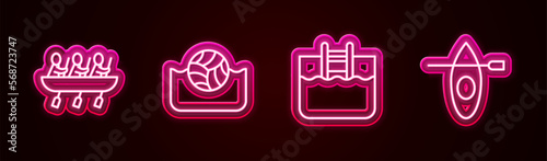 Set line Canoe rowing team sports, Water polo, Swimming pool with ladder and Kayak and paddle. Glowing neon icon. Vector