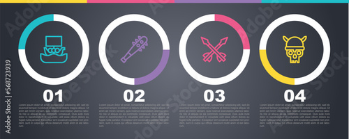 Set line Viking ship Drakkar, Mace with spikes, Medieval arrows and Skull viking helmet. Business infographic template. Vector