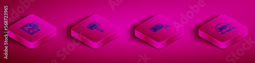Set Isometric line Auction painting, Hand holding auction paddle, Bid and icon. Vector
