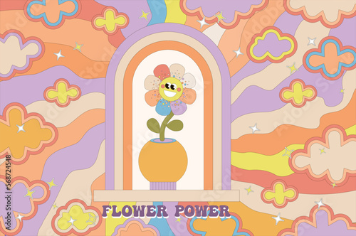 Groovy retro swirl sunburst with flower power pot. Rays or stripes and arch window frame center 60s 70s. Clouds. Summer sunshine and carnival background. Pastel color.