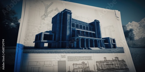 Blueprint architecture concept with a big official building drawings on paper, generative ai