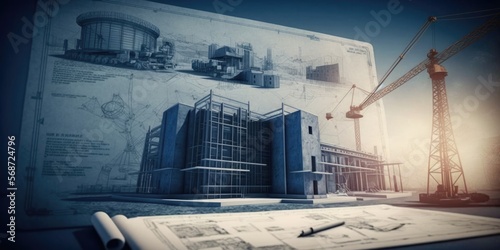 A blueprint beside a construction site, symbolizing an innovative solution in the field of architecture and building, generative ai