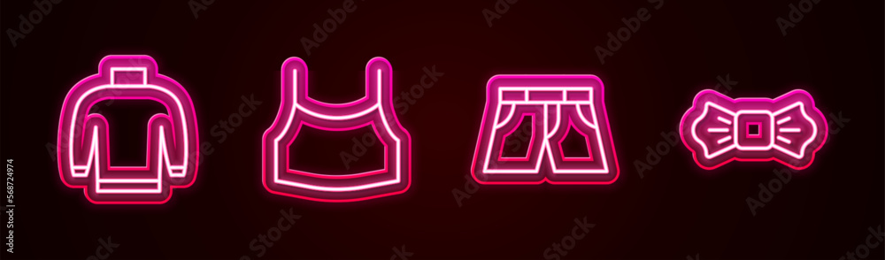 Obraz premium Set line Sweater, Female crop top, Short or pants and Bow tie. Glowing neon icon. Vector