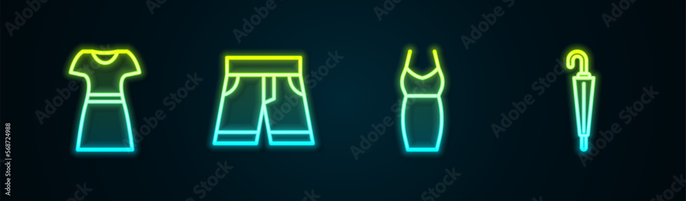 Set line Woman dress, Short or pants, and Umbrella. Glowing neon icon. Vector
