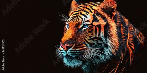 Tiger in a vivid neon picture in a polygonal, geometric, cartoon, and neon style. For cases, print. Generative AI.