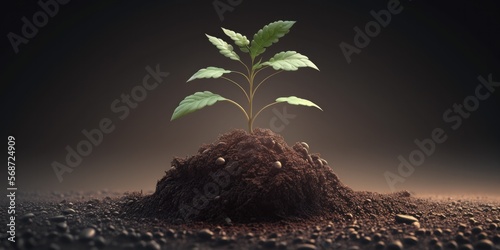 A seedling sprouting in a pile of soil,  symbolizing the growth of a sustainable and eco-friendly solution, generative ai