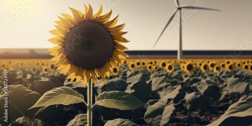 A sunflower beside a field of crops with a wind turbine in the background, symbolizing renewable energy solutions , generative ai