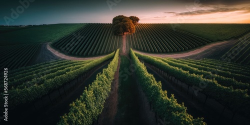 Wineyard at sunrise beautiful green nature landscape, generative ai